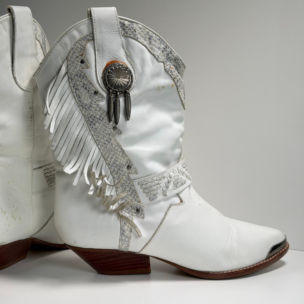 Vintage Rush Hour Cowgirl Boots Women 6.5B White Leather Western Fringe Boho Y2K